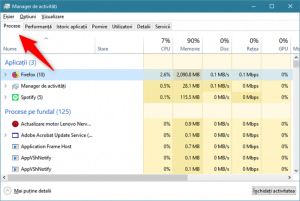 Fila Procese din Managerul de activități