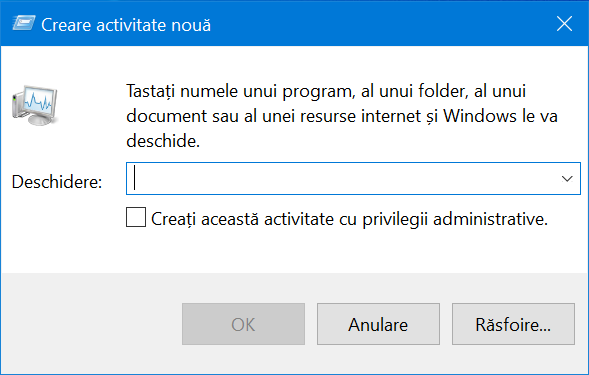 Fereastra Creare activitate nouă sau Executare