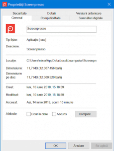 Proprietățile aplicației Screenpresso
