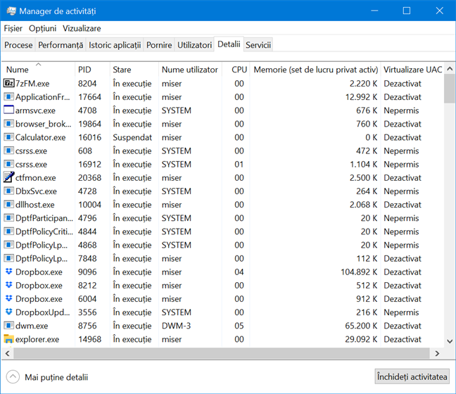 Vizualizarea implicită a filei Detalii din Managerul de activități al Windows 10