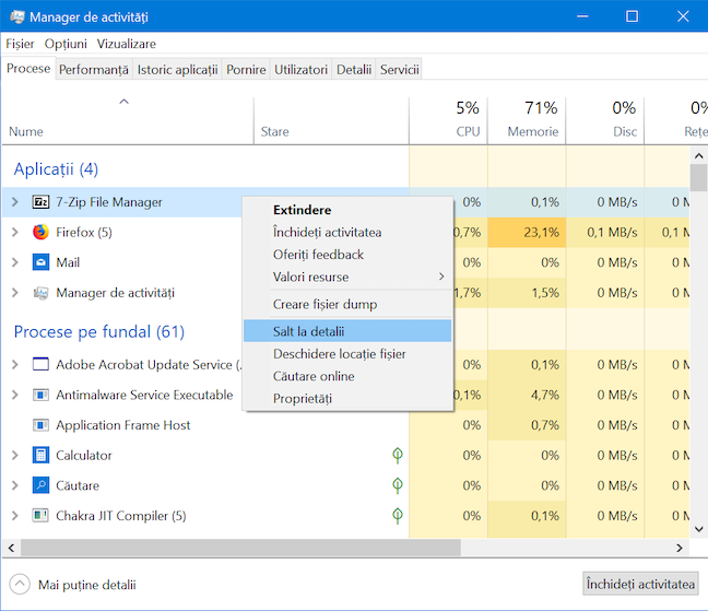 Află mai multe detalii despre un proces în execuție din Managerul de activități