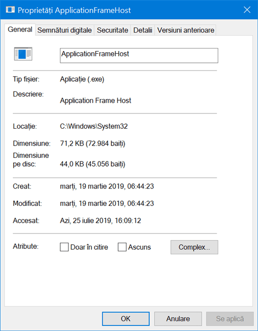 Proprietățile procesului Application Frame Host