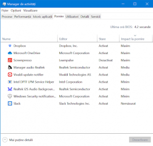 Fila Pornire în Managerului de activități din Windows 10