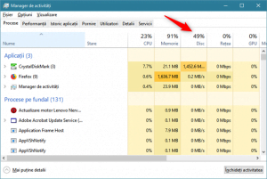 Antetul Disc din fila Procese a Managerului de activități