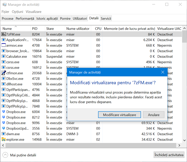 Confirmă că vrei să modifici virtualizarea pentru proces
