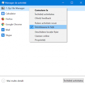 Opțiunea Întotdeauna în față rămâne activă dacă nu este dezactivată