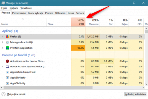 Antetul CPU din fila Procese a Managerului de activități