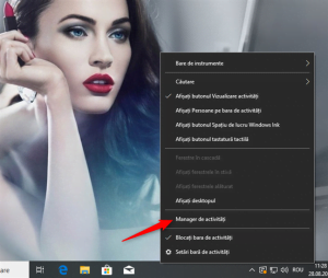 În meniul contextual al barei de activități există o scurtătură către Managerul de activități