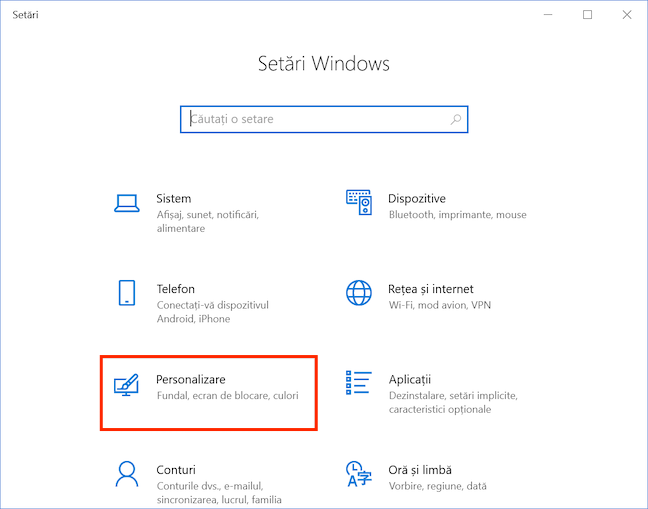 Alege Personalizare din Setări în Windows 10
