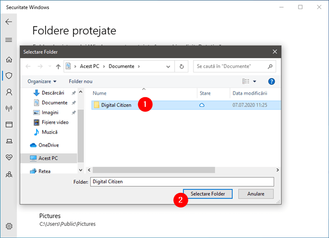 Selectarea folderului protejat împotriva ransomware în Windows 10