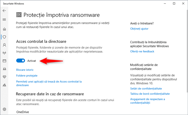 Activarea funcției de Acces controlat la directoare din Windows 10