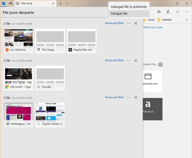 Microsoft Edge, Windows 10, file, deoparte
