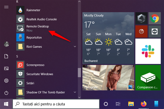 Scurtătura Remote Desktop din Meniul Start al Windows 10