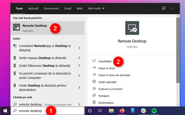 Căutarea aplicației Remote Desktop în Windows 10