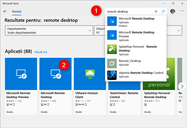 Căutarea aplicației Microsoft Remote Desktop în Magazinul Microsoft