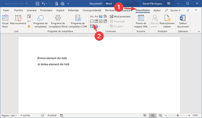 Inserează un control de conținut casetă de selectare în Microsoft Word