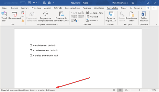 Mesaj de avertizare pentru o listă de verificare blocată în Microsoft Word