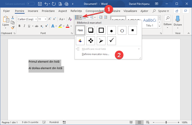 Meniul Marcatori în Microsoft Word