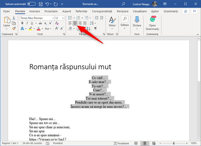 Butonul La centru din secțiunea Paragraf din Microsoft Word