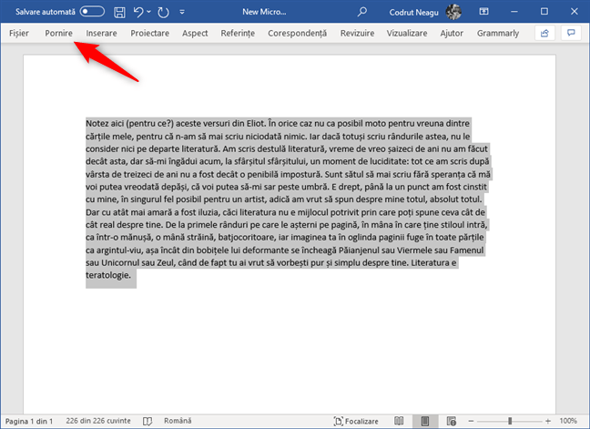Selectare text și deschiderea filei Pornire din Microsoft Word
