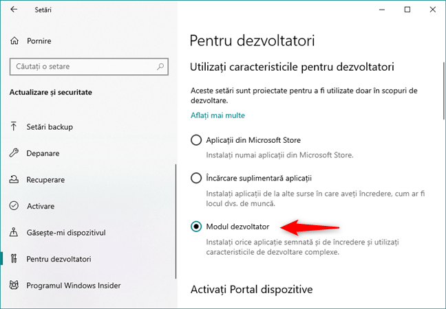 Facilitatea Mod dezvoltator din Windows 10