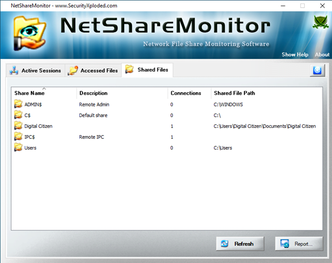 Lista Shared Files (Fișiere Partajate) afișată de NetShareMonitor