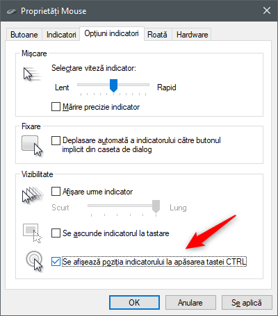 Se afișează poziția indicatorului la apăsarea tastei CTRL