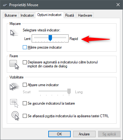 Ajustarea vitezei de deplasare a indicatorului mouse-ului