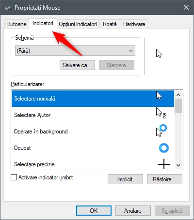 Fila Indicatori din fereastra Proprietăți Mouse