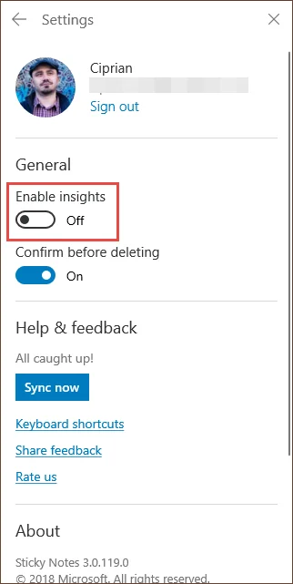 Dezactivează Insights în Sticky Notes (Note adezive)