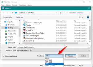 Selectarea codificării UTF-8 pentru un document salvat cu Notepad