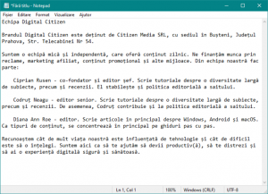 Un document cu caractere Central Europene, creat în Notepad
