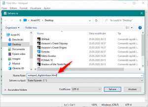 Salvarea unui document ca fișier HTML cu Notepad