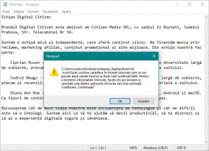 Salvarea unui document în codificare ANSI poate duce la pierderea de caractere