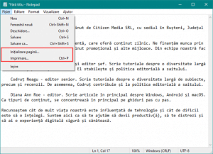 Inițializare pagină și Imprimare în Notepad