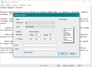 Setări din Inițializare pagină disponibile în Notepad
