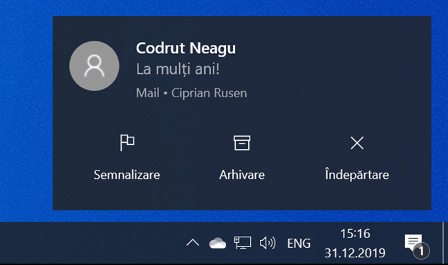 Bannerul unei notificări în Windows 10