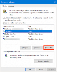 Alege un cont local și apasă Proprietăți