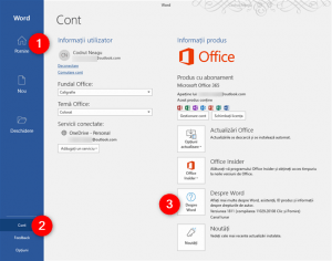 Secțiunea Despre din Office 365 Word