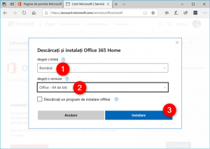 Selectarea limbii și a versiunii pe 64 de biți de Office 365