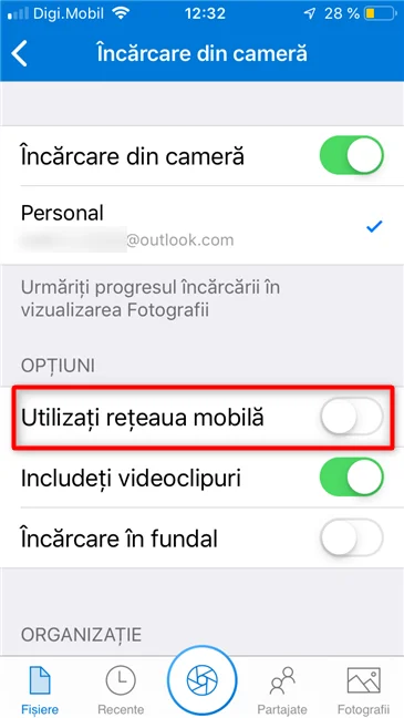 Opțiunea de a încărca imagini în OneDrive și prin intermediul rețelei mobile