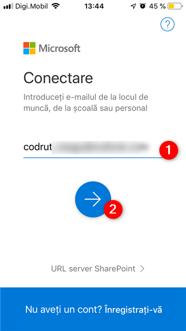 Conectarea la OneDrive cu o adresă de e-mail