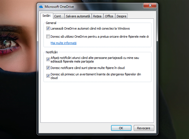 Principalele setări disponibile în OneDrive pentru Windows 7