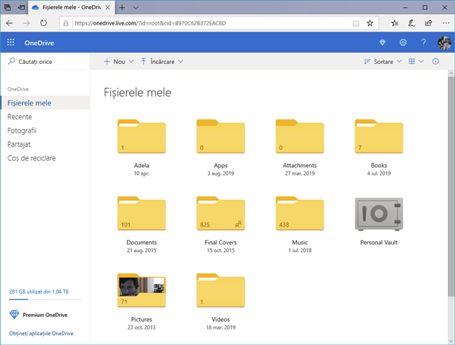 Accesarea OneDrive dintr-un browser web