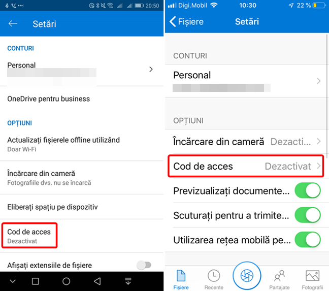 Deschide setările pentru Cod de acces în OneDrive pentru Android sau iOS