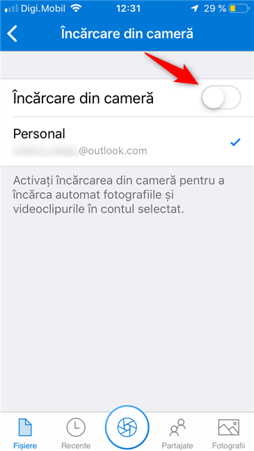 Comutatorul de Încărcare din cameră, în OneDrive pentru iPhone