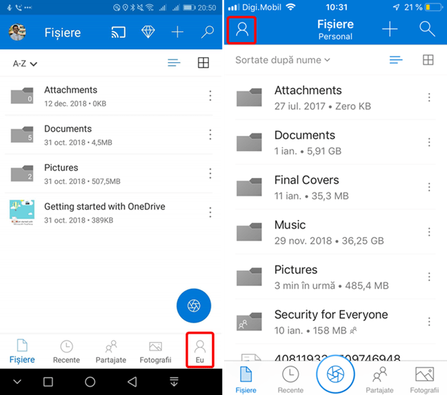 Butonul Eu din OneDrive pentru Android sau iOS