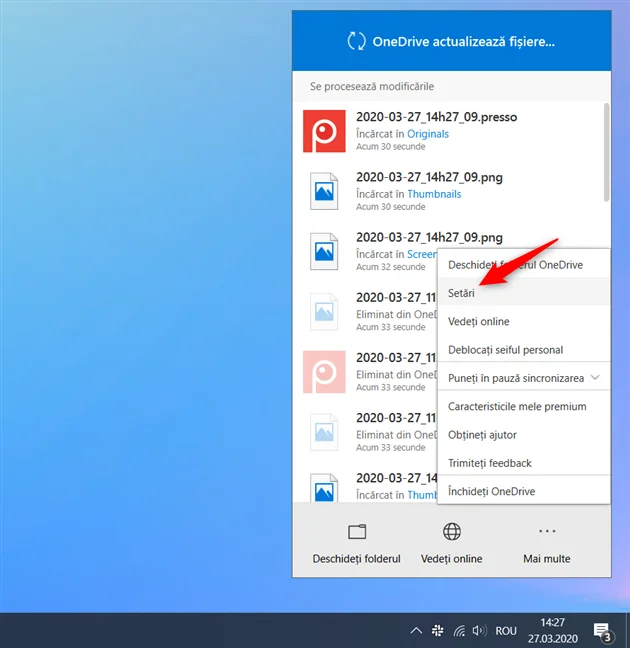 Opțiunea Setări din meniul Mai multe al OneDrive