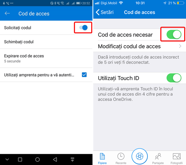 Dezactivează Codul de acces în OneDrive pentru Android și iOS