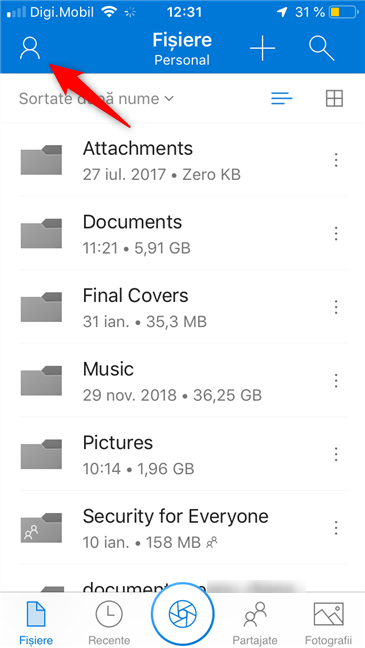 Butonul Eu din aplicația OneDrive de pe iOS